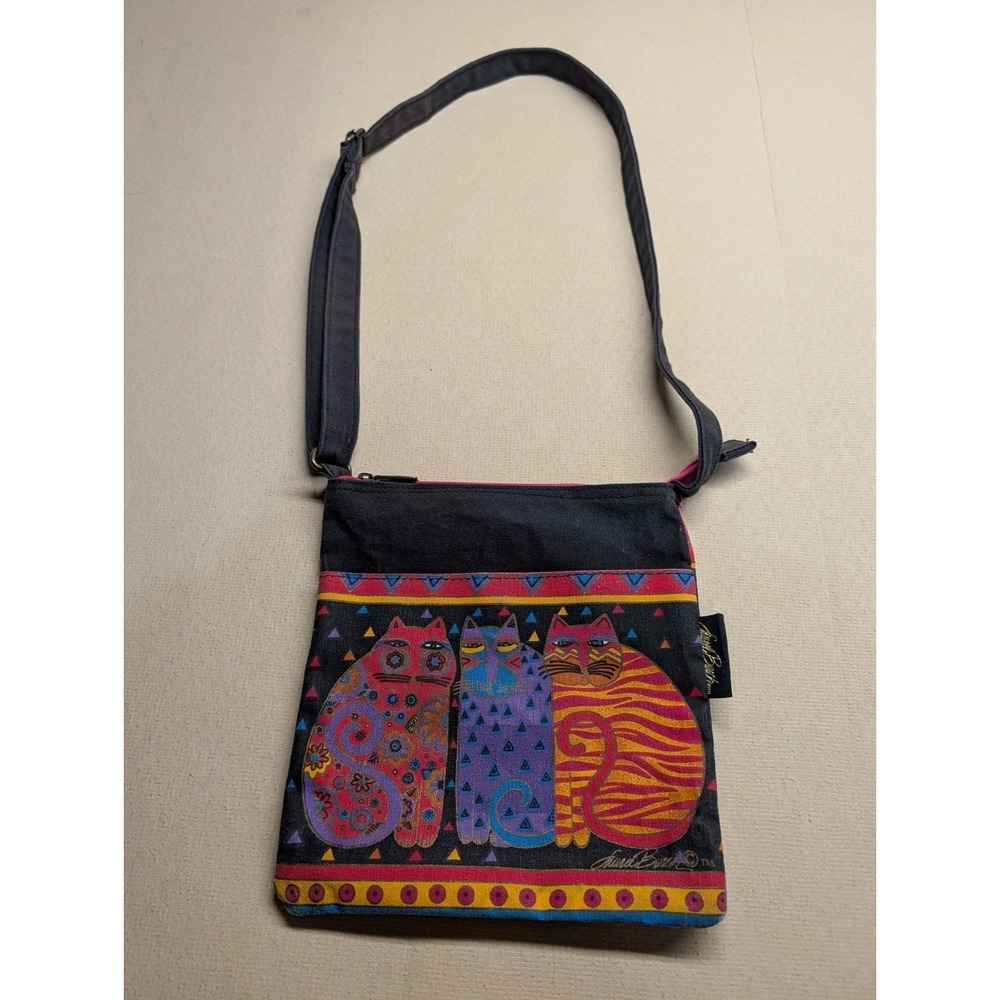 Laurel Burch Handbag Black Cloth With 3 Cats‎ Vintage Boho Adjustable Strap